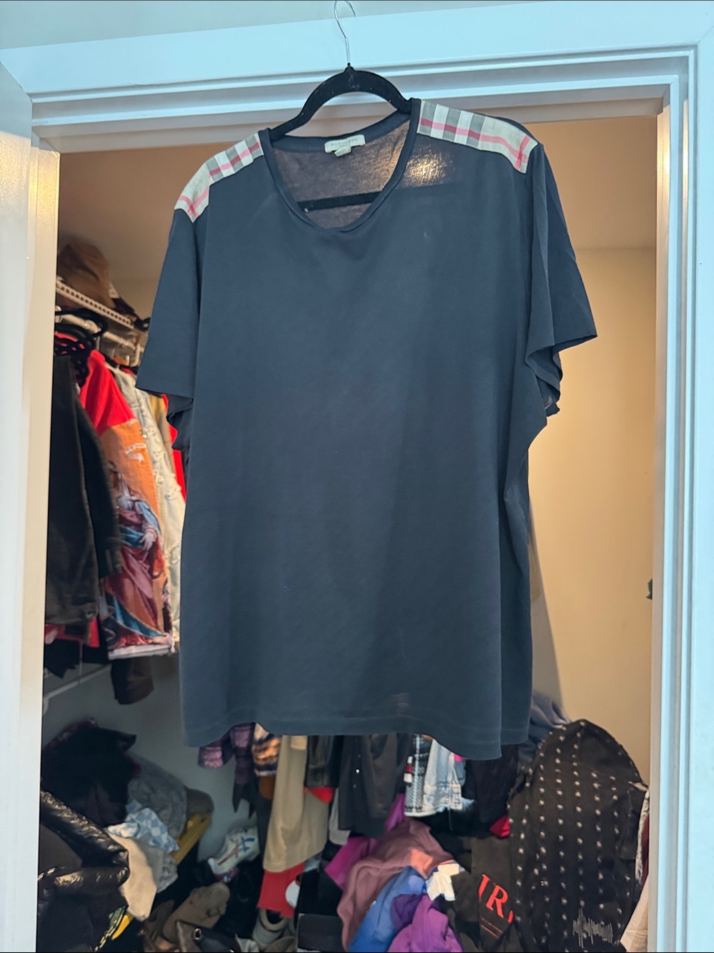 Burberry Black Short-Sleeve Tee with Signature Check Shoulder Trim